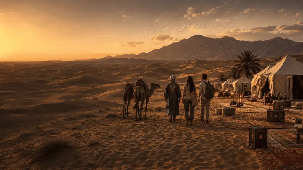 Camels and riders arriving at a desert camp at sunset