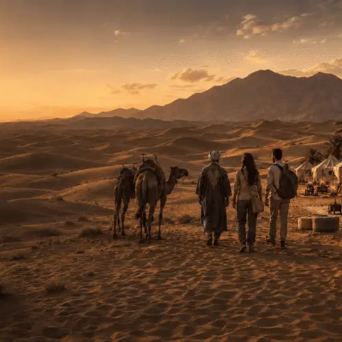 Camel trek arriving at a desert camp in Morocco's Sahara at sunset