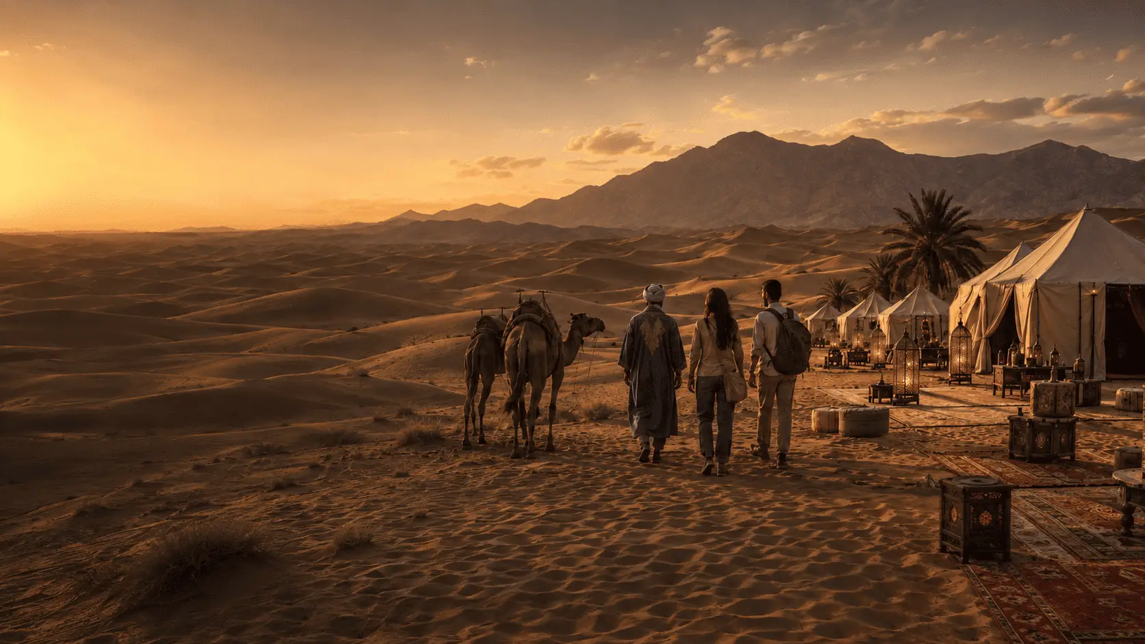 Camel trek arriving at a desert camp in Morocco's Sahara at sunset