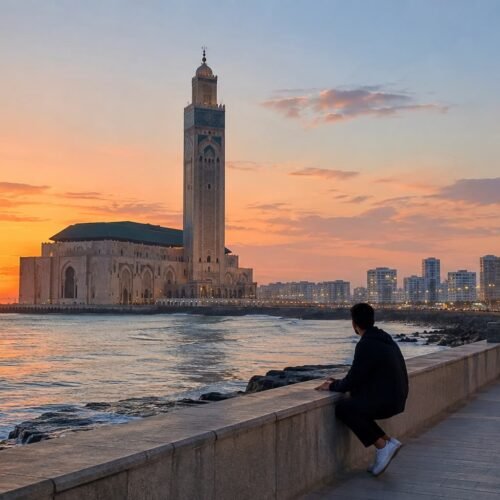 Hassan II Mosque in Casablanca at sunset, the start of a 15 days Morocco tour from Casablanca