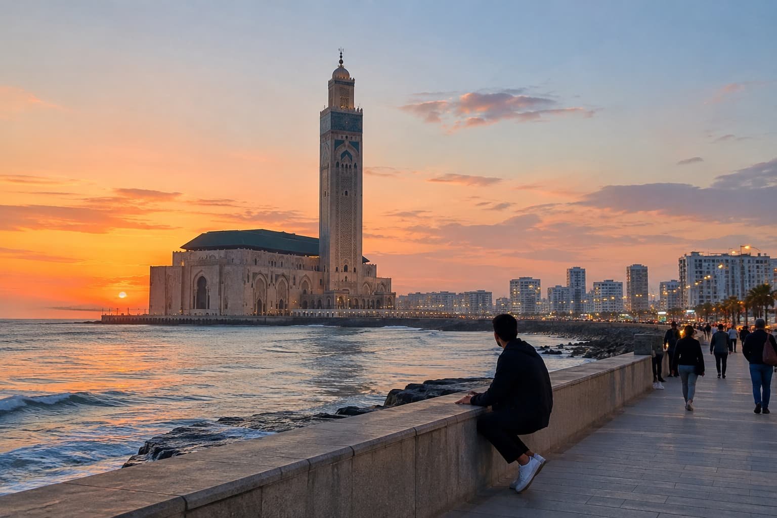 Hassan II Mosque in Casablanca at sunset, the start of a 15 days Morocco tour from Casablanca