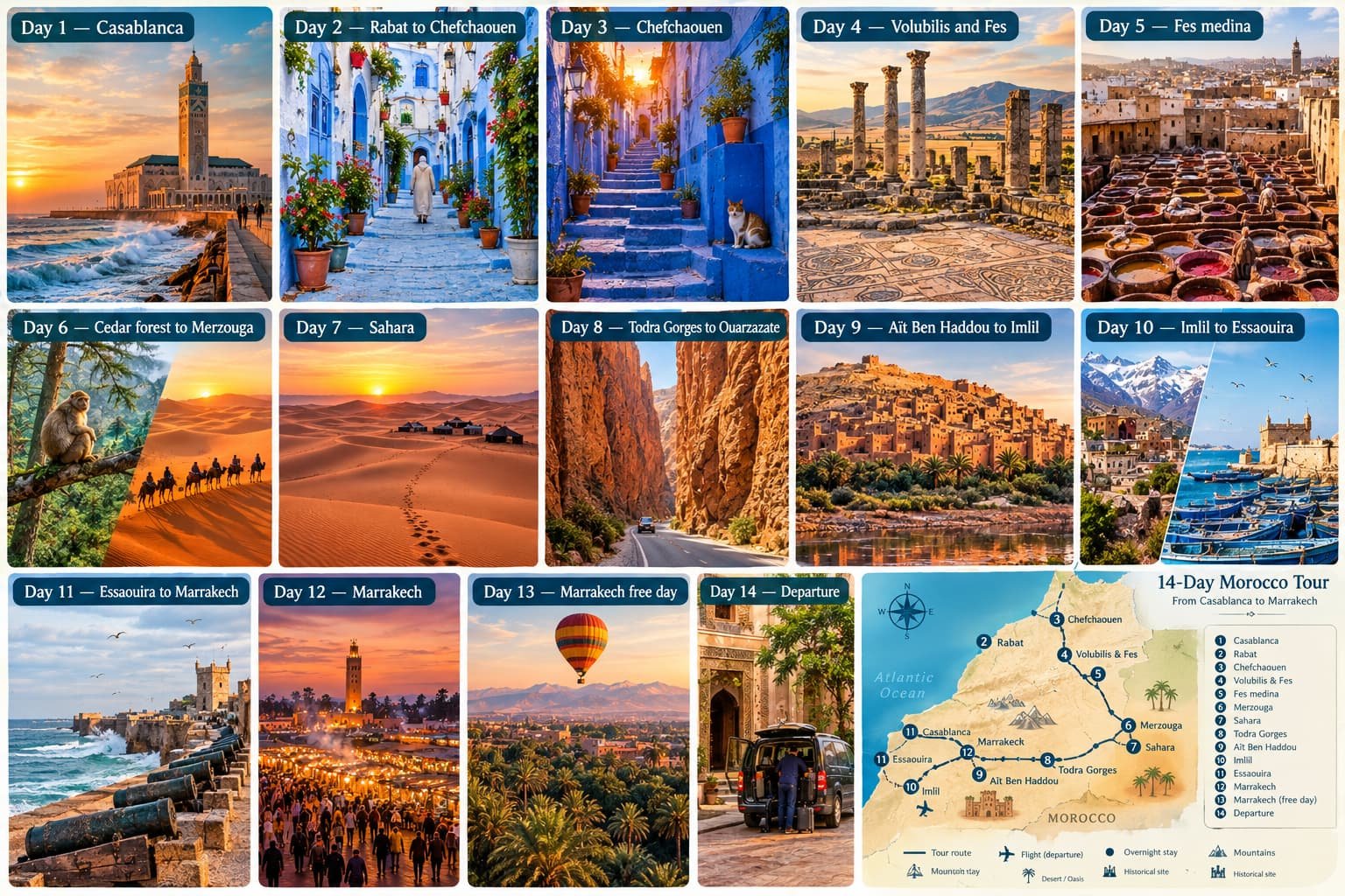 14-day Morocco tour itinerary map from Casablanca through Chefchaouen, Fes, Merzouga, Todra Gorge, Ait Ben Haddou, Imlil, Essaouira and Marrakech