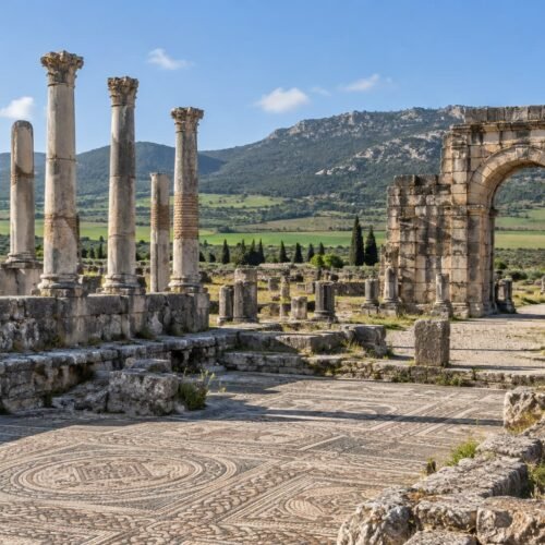 Roman columns and arch at Volubilis near Meknes
