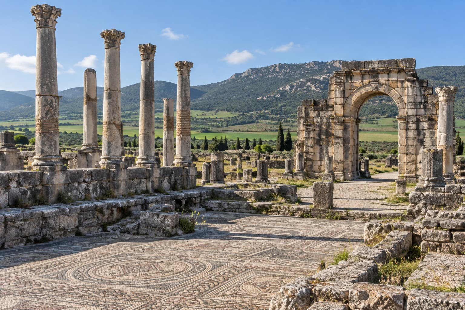 Roman columns and arch at Volubilis near Meknes
