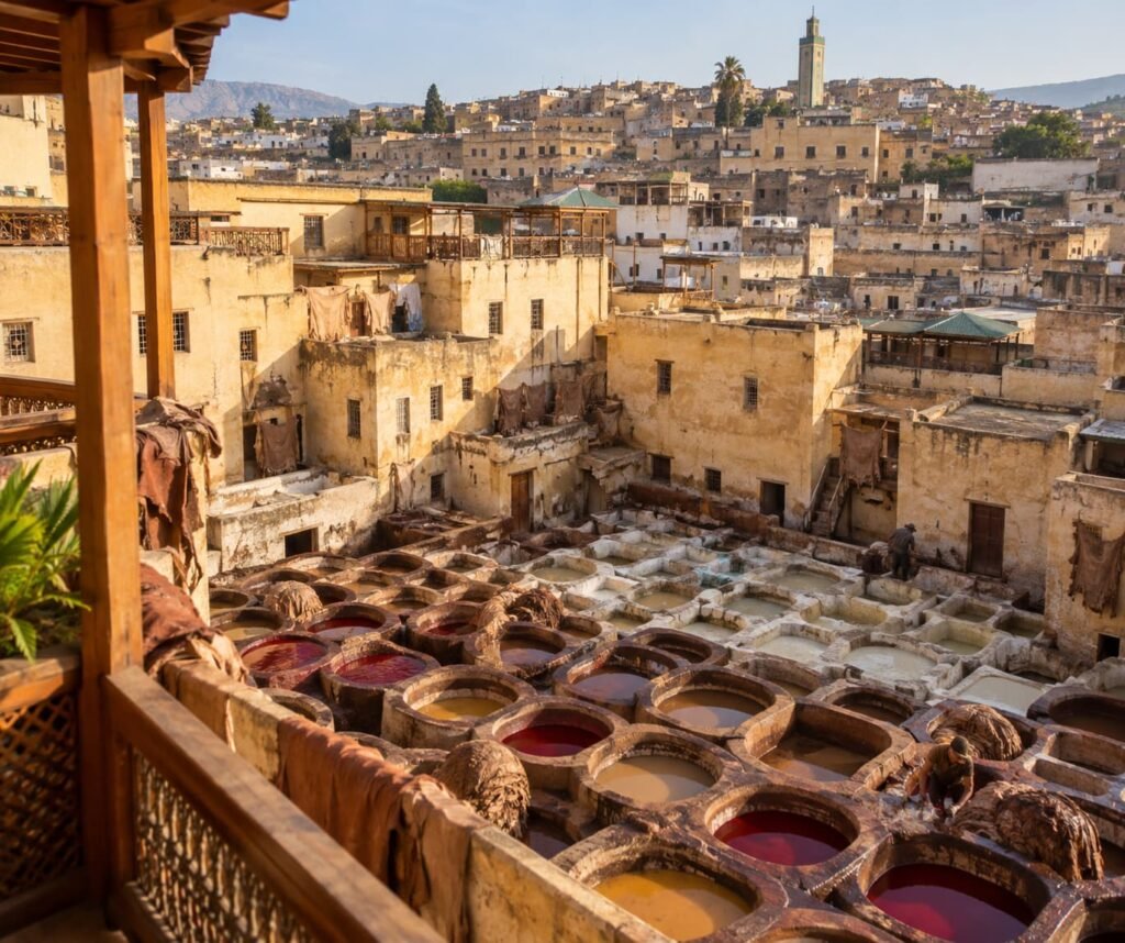 Dye vats of the Chouara tannery in Fes seen from a leather shop balcony