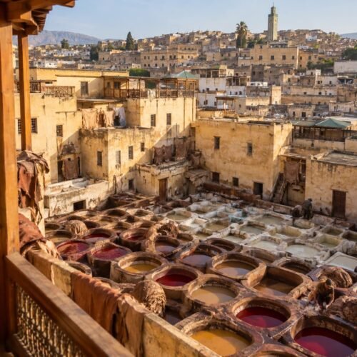 Dye vats at the Chouara tannery in Fes