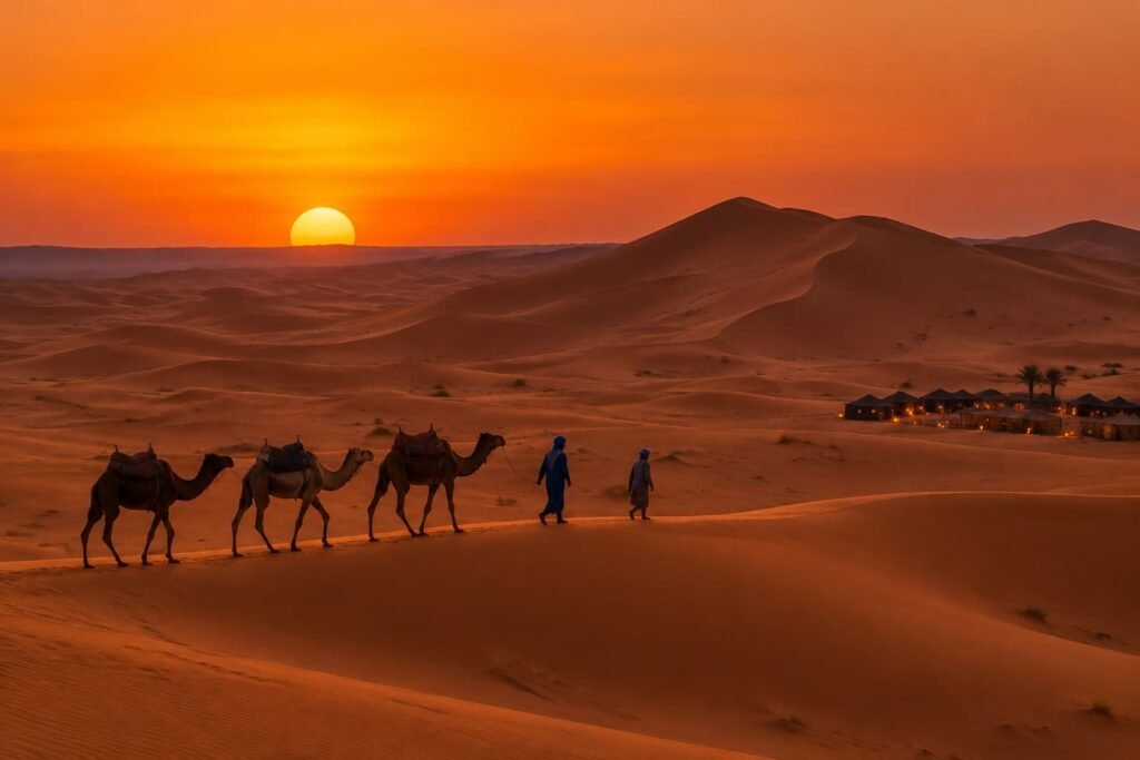 Camel trek into the Erg Chebbi dunes on a private 15 days Morocco tour from Casablanca