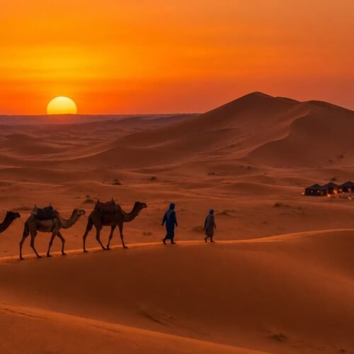 Camel trek into the Erg Chebbi dunes on a private 15 days Morocco tour from Casablanca