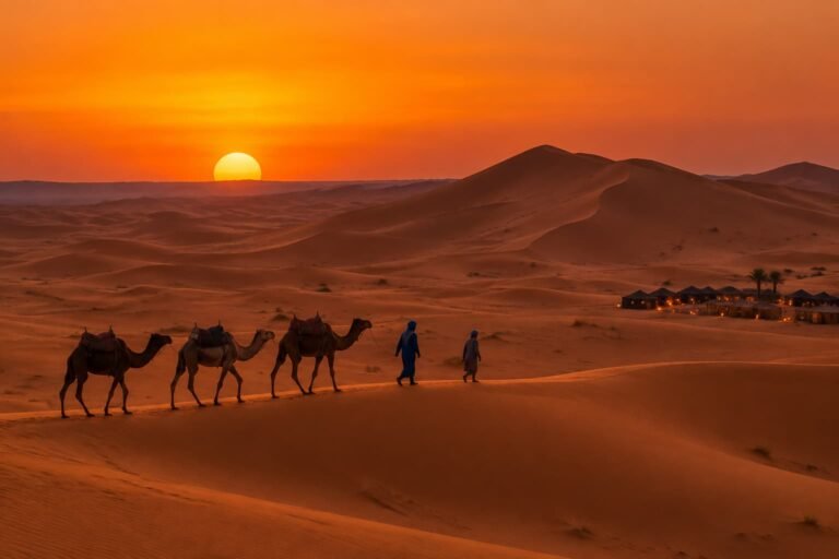 Camel trek into the Erg Chebbi dunes on a private 15 days Morocco tour from Casablanca