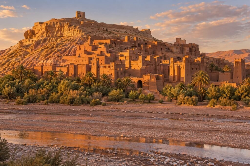 Aït Ben Haddou fortified village at golden hour above the river bed