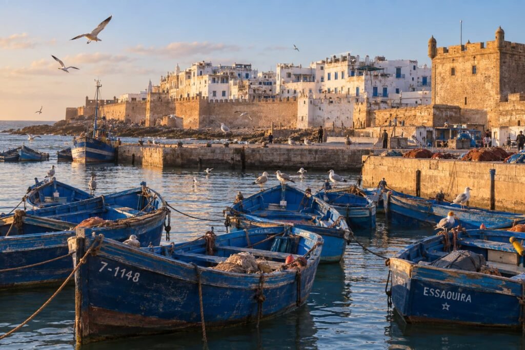 Blue fishing boats at Essaouira port