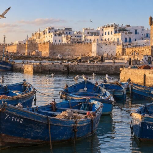 Blue fishing boats at Essaouira port