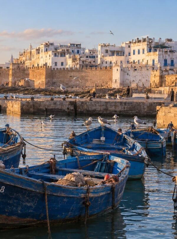 Blue fishing boats at Essaouira port