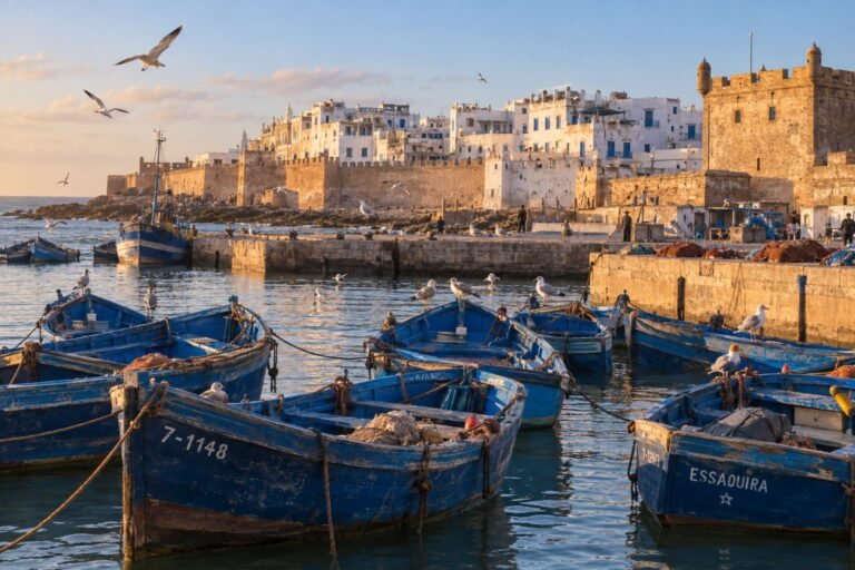 Blue fishing boats at Essaouira port