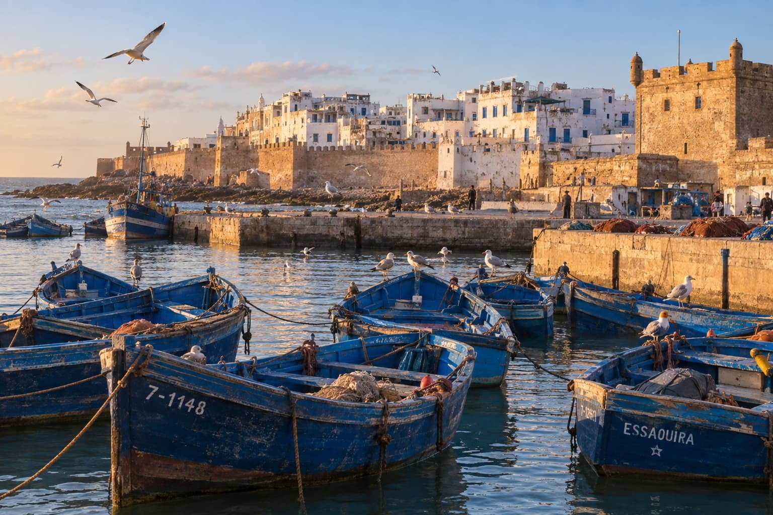 Blue fishing boats at Essaouira port