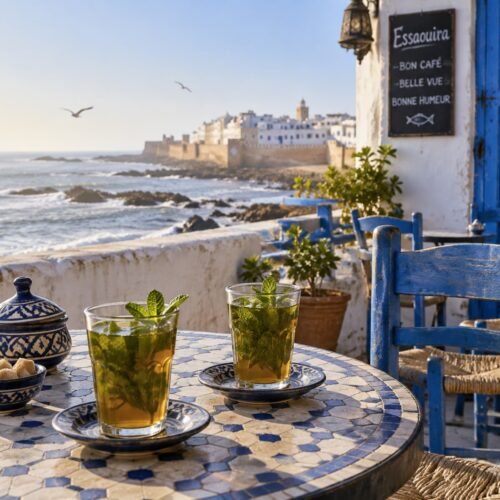 Mint tea on a café terrace in Essaouira