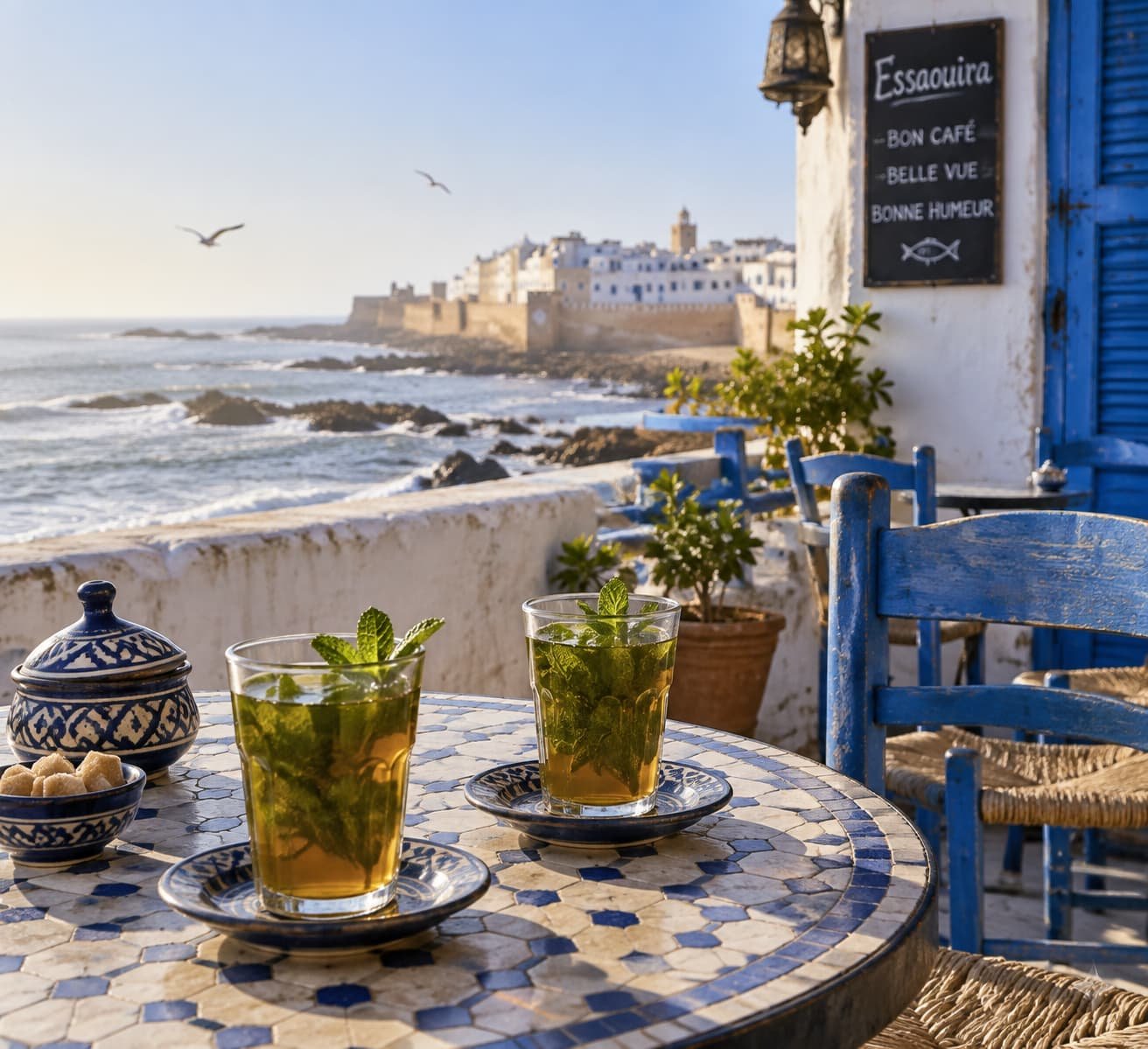 Mint tea on a café terrace in Essaouira