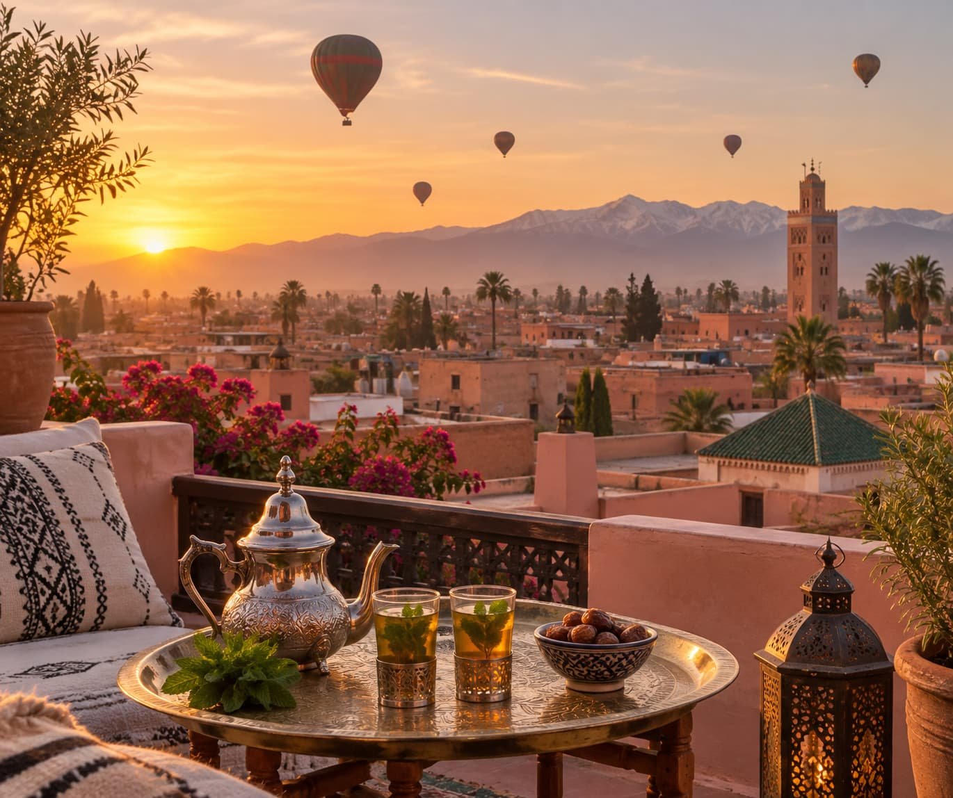 Rooftop breakfast in Marrakech with hot-air balloons
