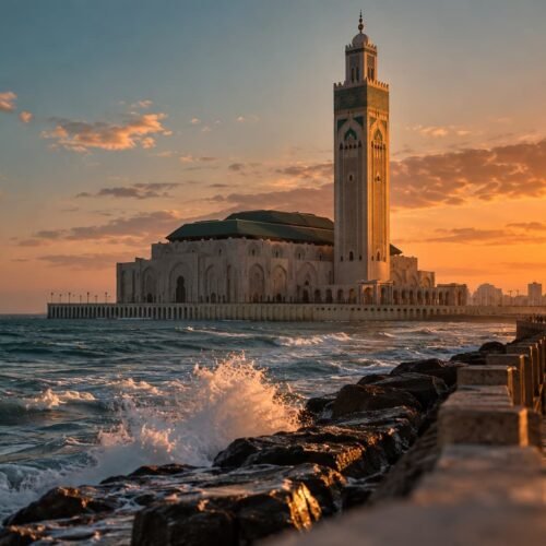 Hassan II Mosque in Casablanca at sunset, the start of this 14 days Morocco tour from Casablanca