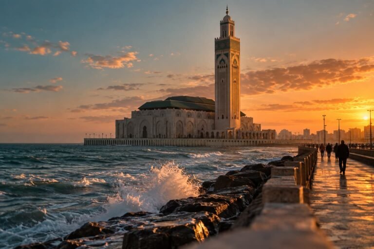 Hassan II Mosque in Casablanca at sunset, the start of this 14 days Morocco tour from Casablanca