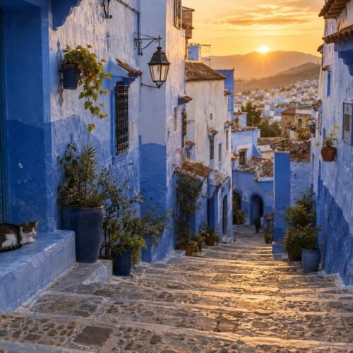 Steep blue-painted alley in Chefchaouen at sunset