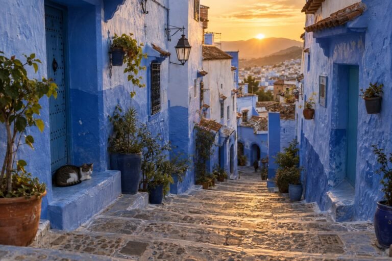 Steep blue-painted alley in Chefchaouen at sunset