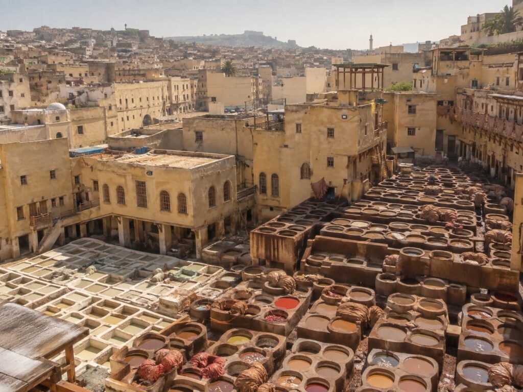 Chouara tannery in Fes seen from a rooftop terrace, with its rows of dye pits