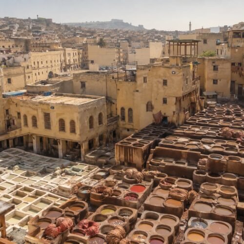 Chouara tannery in Fes seen from a rooftop terrace, with its rows of dye pits
