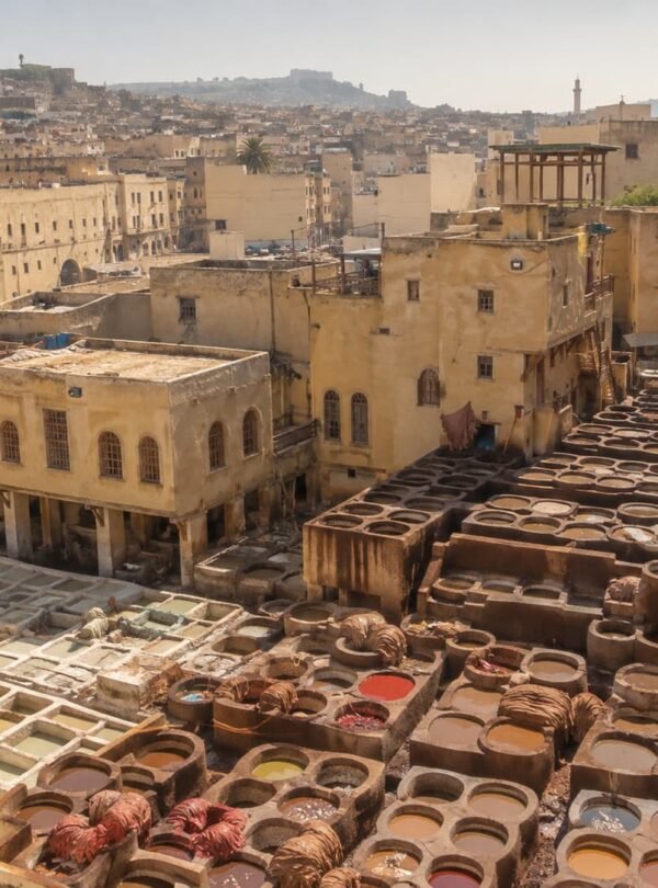 Chouara tannery in Fes seen from a rooftop terrace, with its rows of dye pits