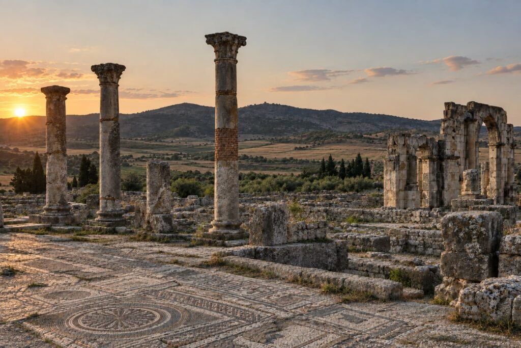 Roman columns and mosaic floors at Volubilis, between Meknes and Fes