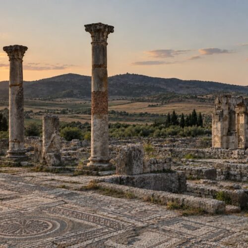 Roman columns and mosaic floor at the ruins of Volubilis, near Fes