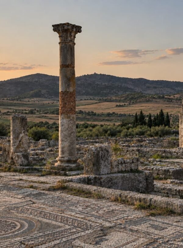 Roman columns and mosaic floor at the ruins of Volubilis, near Fes