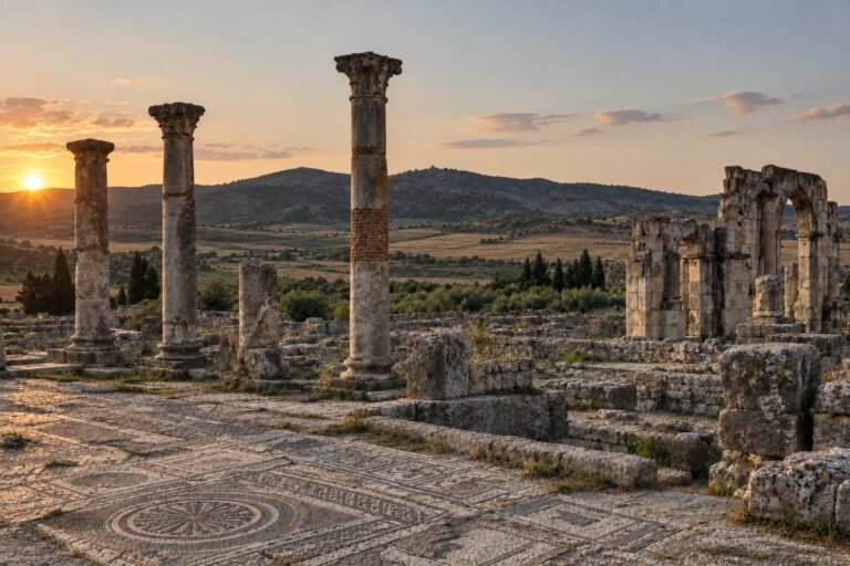 Roman columns and mosaic floor at the ruins of Volubilis, near Fes