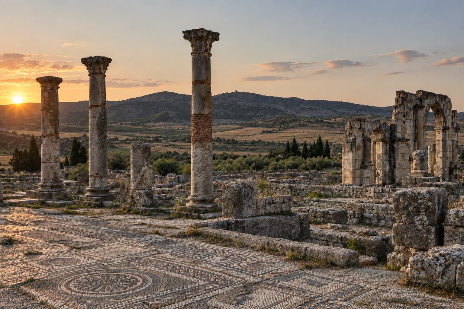 Roman columns and mosaic floor at the ruins of Volubilis, near Fes