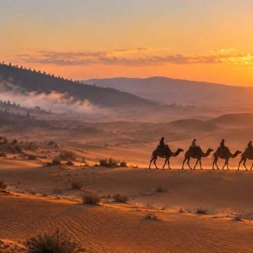 Camel caravan crossing the Sahara dunes at sunset