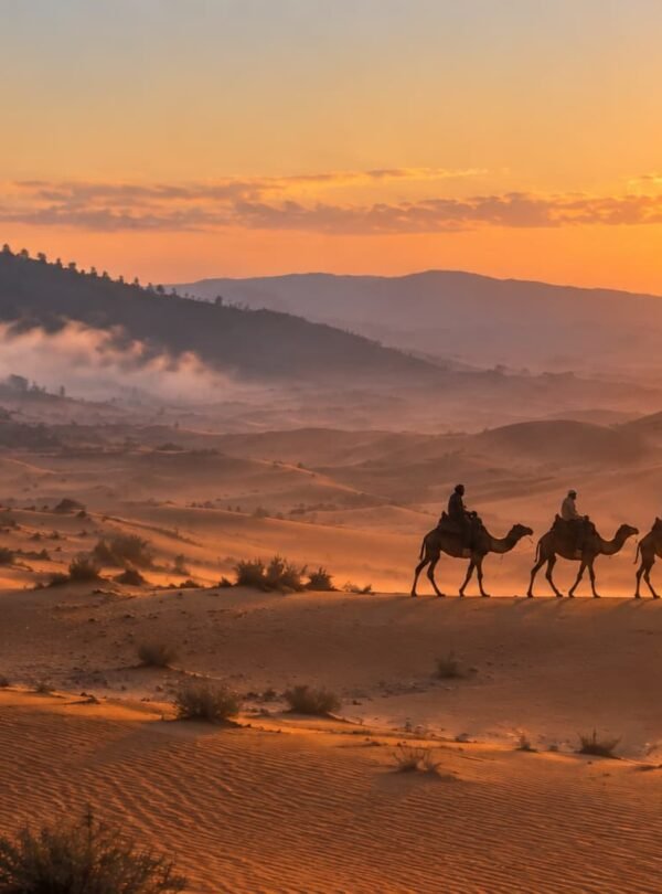 Camel caravan crossing the Sahara dunes at sunset