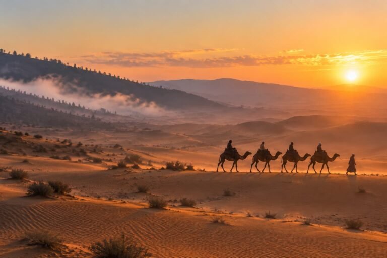 Camel caravan crossing the Sahara dunes at sunset