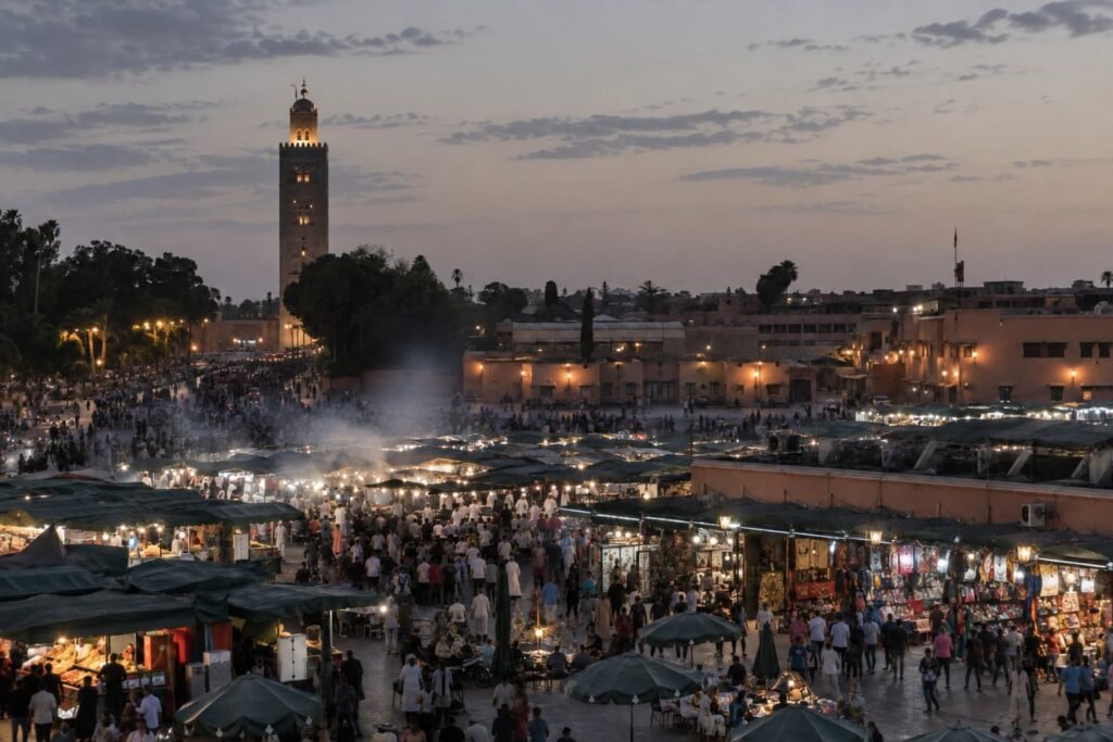 Jemaa el-Fna square at dusk with the Koutoubia minaret, Marrakech
