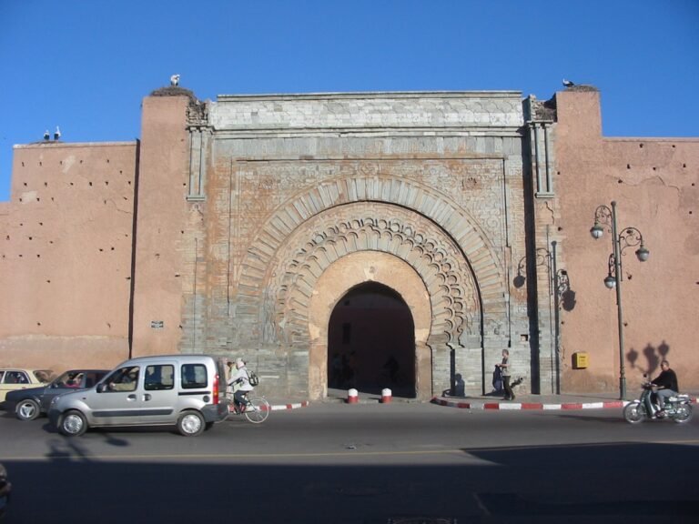 Bab Agnaou, a historic 12th-century gate into the Marrakech medina, where cars must be parked outside since the old city is largely pedestrian-only