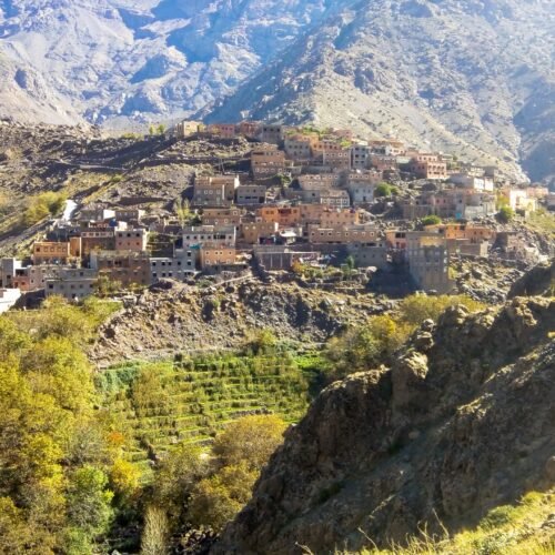 The Amazigh (Berber) village of Imlil in the High Atlas Mountains of Morocco, a common starting point for visiting mountain communities near Mount Toubkal