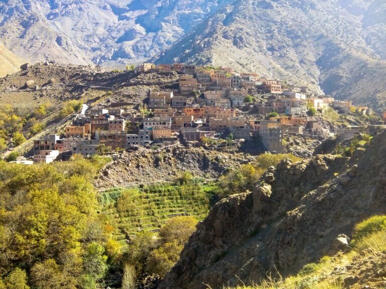The Amazigh (Berber) village of Imlil in the High Atlas Mountains of Morocco, a common starting point for visiting mountain communities near Mount Toubkal