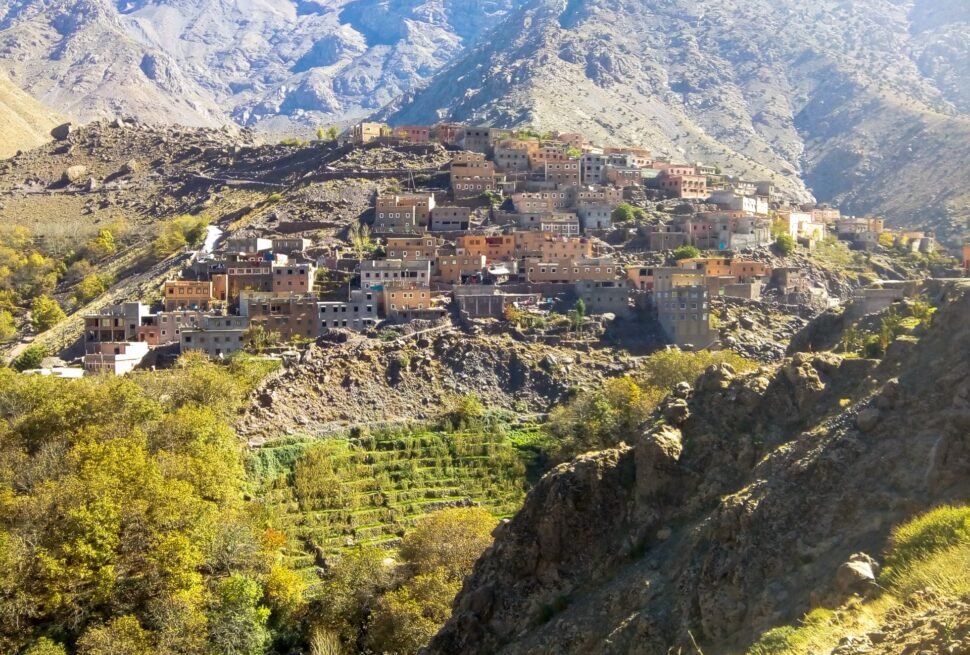 The Amazigh (Berber) village of Imlil in the High Atlas Mountains of Morocco, a common starting point for visiting mountain communities near Mount Toubkal