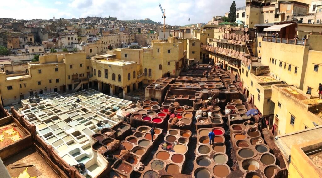 The stone dye pits of Chouara Tannery in the Fes el-Bali medina, a leather-working site that has operated the same way since the imperial city’s medieval era