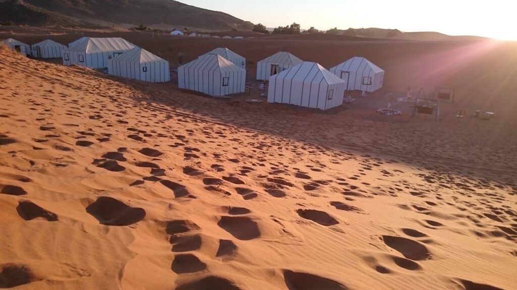 Traditional Berber-style tents at a desert camp near Merzouga in the Sahara, the overnight stay included in most Morocco desert tour packages