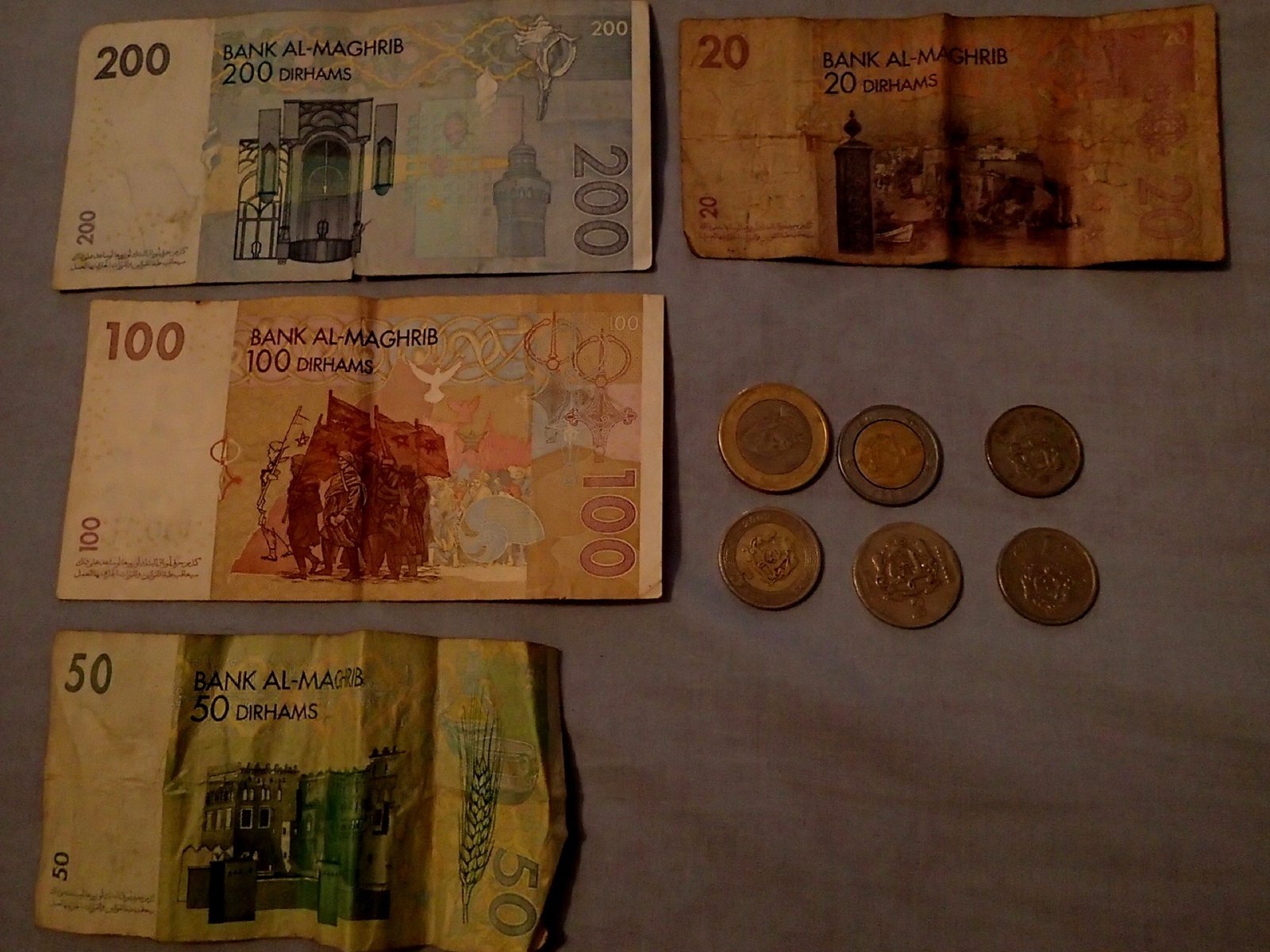 Moroccan dirham banknotes in 20, 50, 100, and 200 denominations, the closed currency travelers can only obtain inside Morocco