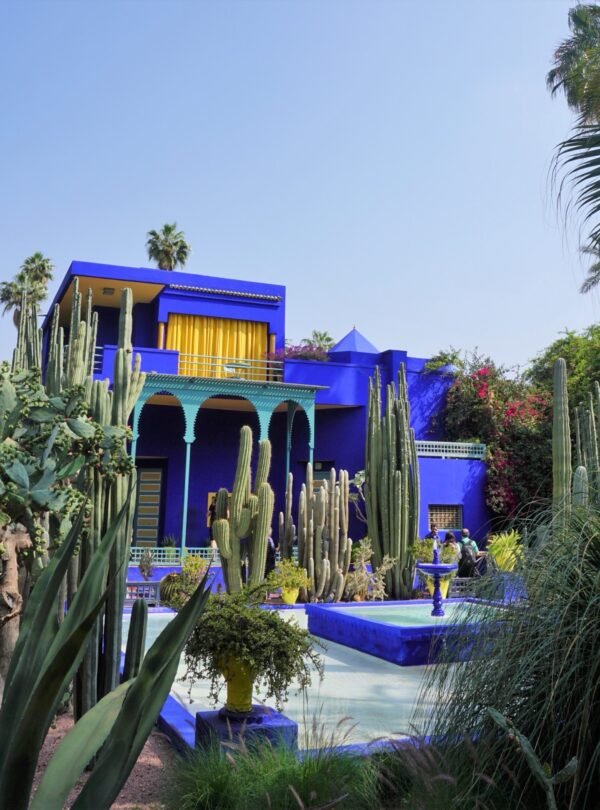 The cobalt-blue Villa Majorelle and cactus garden paths at Jardin Majorelle in Marrakech, a compact, shaded, stroller-friendly stop for families