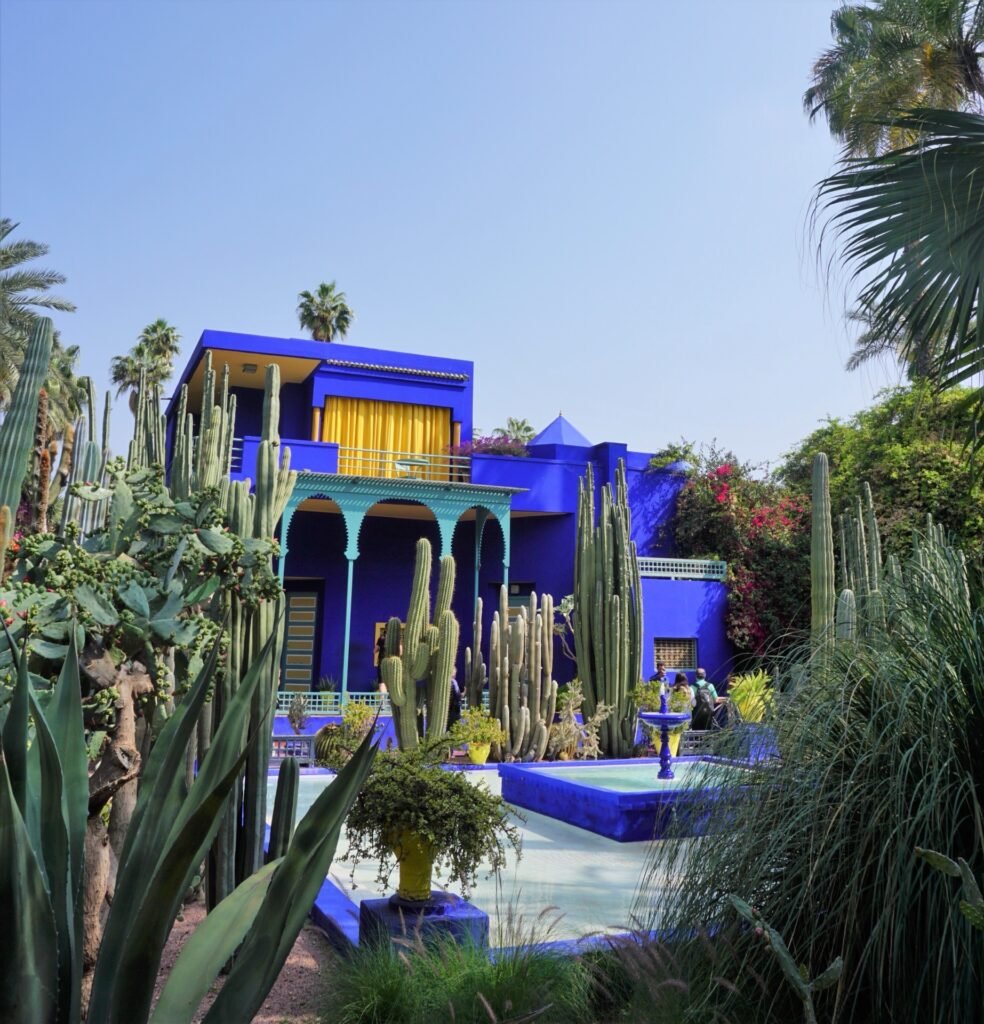 Cobalt-blue villa and cactus garden at the Majorelle Garden in Marrakech