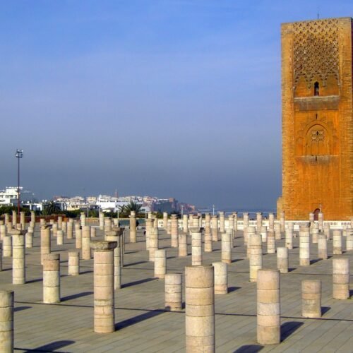 The Hassan Tower, the unfinished 12th-century minaret in Rabat, Morocco’s current capital and one of its four imperial cities