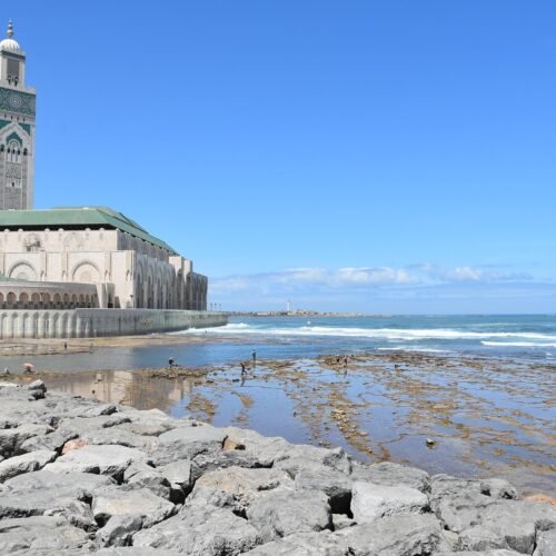 Hassan II Mosque in Casablanca at sunset, the start of this 14 days Morocco tour from Casablanca
