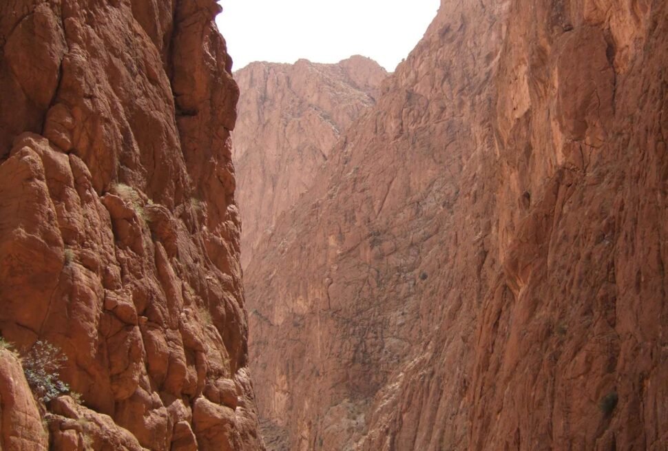 The towering red rock canyon walls of Todra Gorge near Tinerhir, a common stop on the Morocco road trip route between the Dades Valley and the Sahara